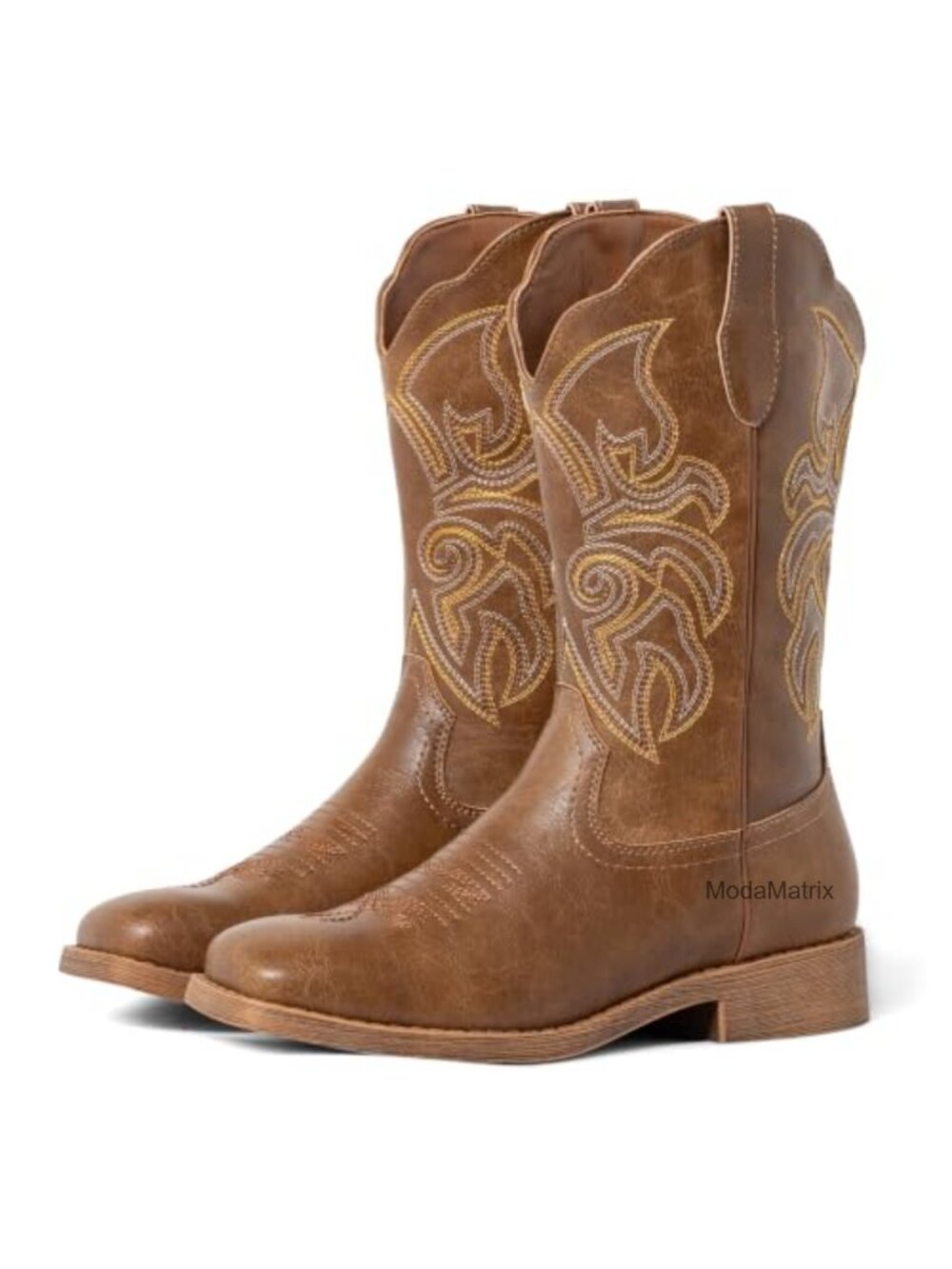 Faux Leather Cowboy Boots Women Square Toe Pull-On Western Mid-Calf